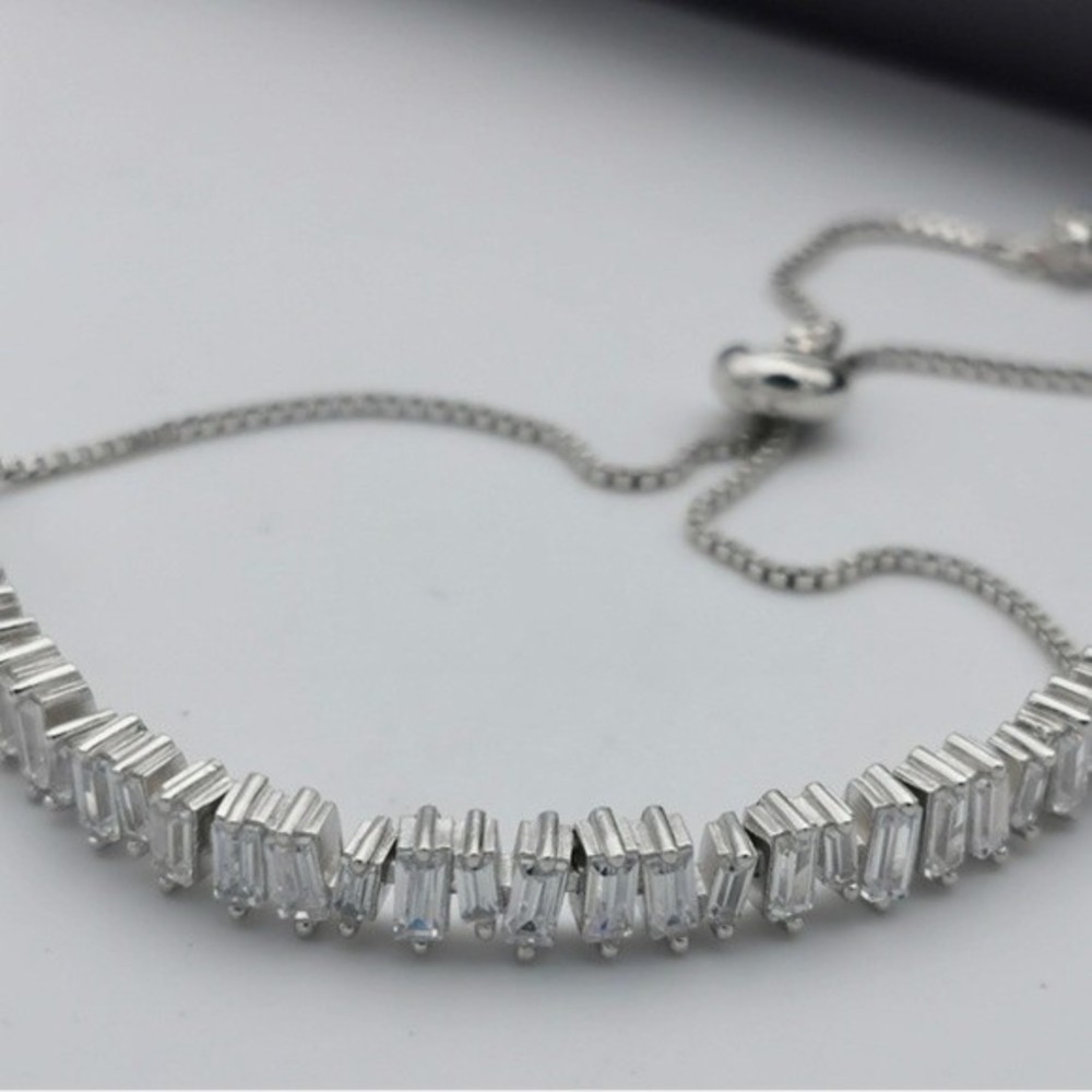 Silver Cubic Zirconia Baguette Pull Tie Lariat Bracelet